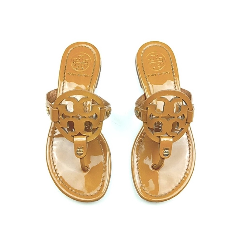 Tory Burch Miller Patent Leather Logo Sandals Sand 5.5